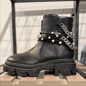 Nine West Black Moto Boots with Chain and Pearl Accents